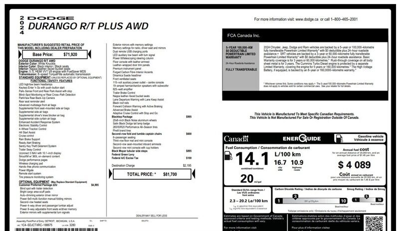 
								2024 Dodge Durango R/T Plus Blacktop 5.7L Hemi 4×4 full									