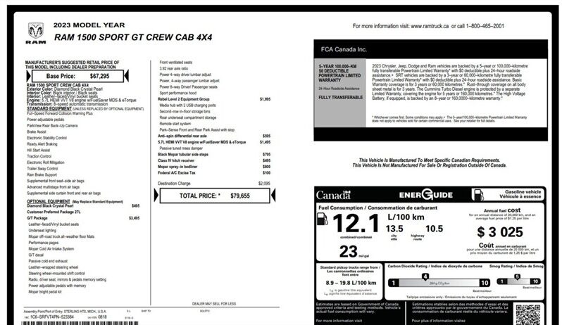 
								2023 Ram 1500 Sport GT Crew Cab eTorque Hemi 5.7L 4×4 full									