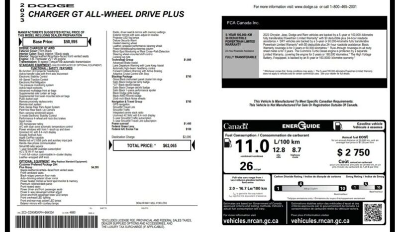 
								2023 Dodge Charger GT Plus Blacktop Edition AWD Sunroof full									