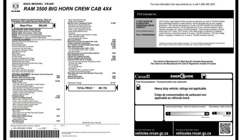 
								2022 Ram 3500 Big Horn Sport Diesel Crew Cab 4×4 8ft Box full									